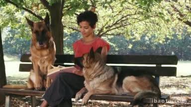 的年轻人和宠物画像的快乐年轻的拉丁妇女作为狗保姆与德国牧羊犬